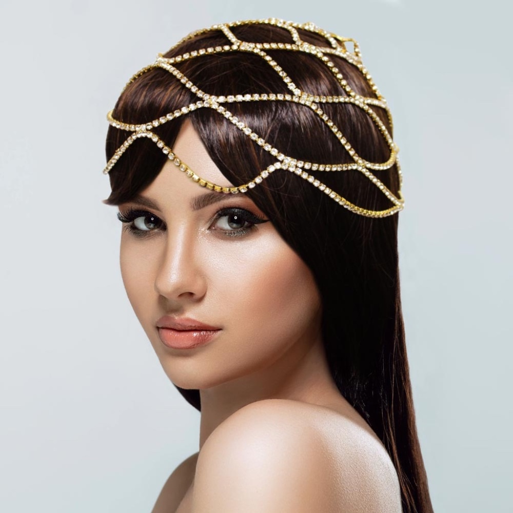 Rhinestone Pave Draped Chain Gold Head Chain